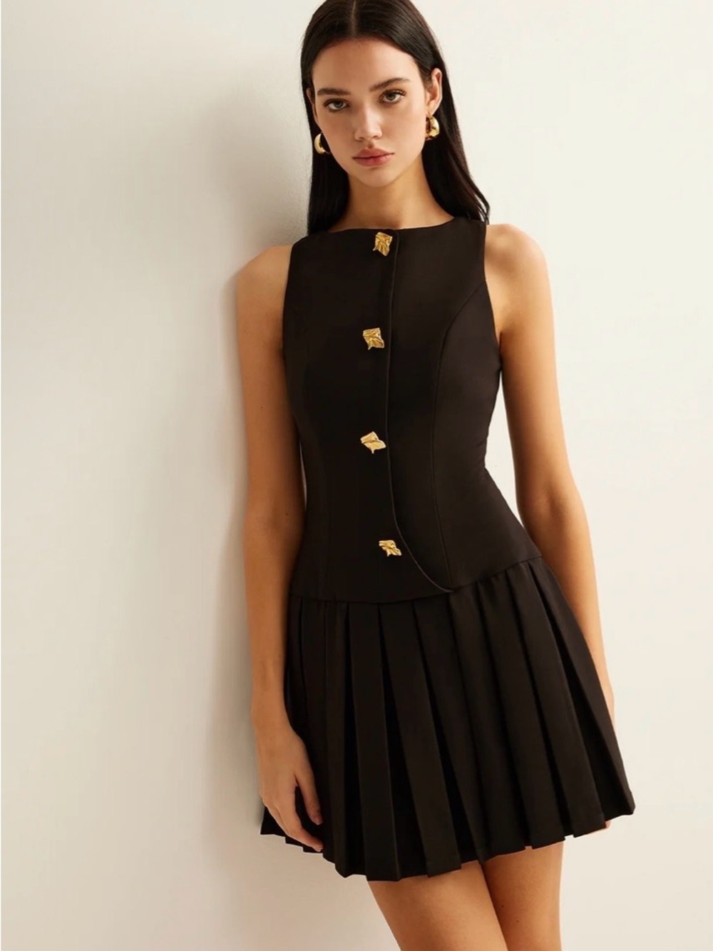 Commense Metal-Button Pleated Tank Dress - Size Medium